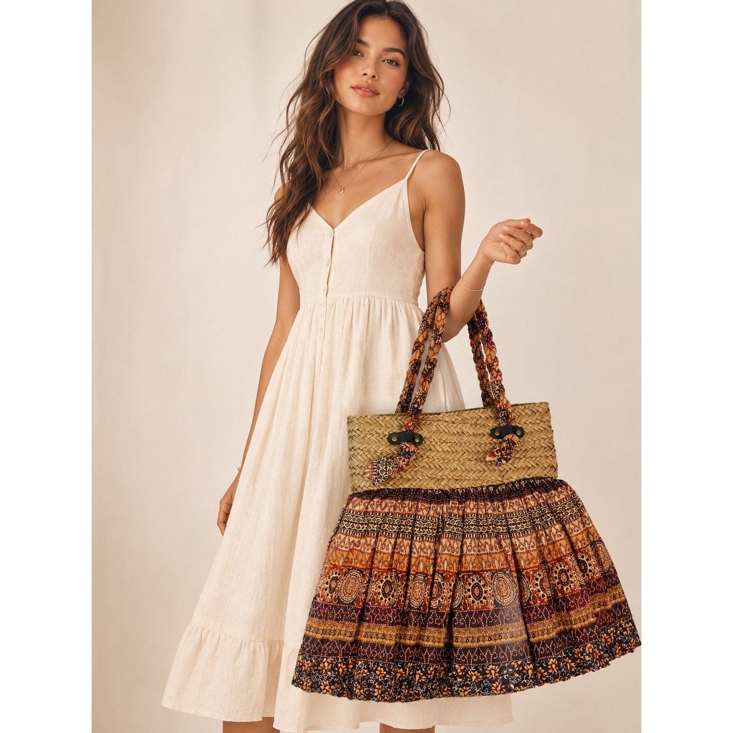 Poppie Jones Straw Ruffle Batik Tote Bag Boho Maximalist Festival Cottagecore